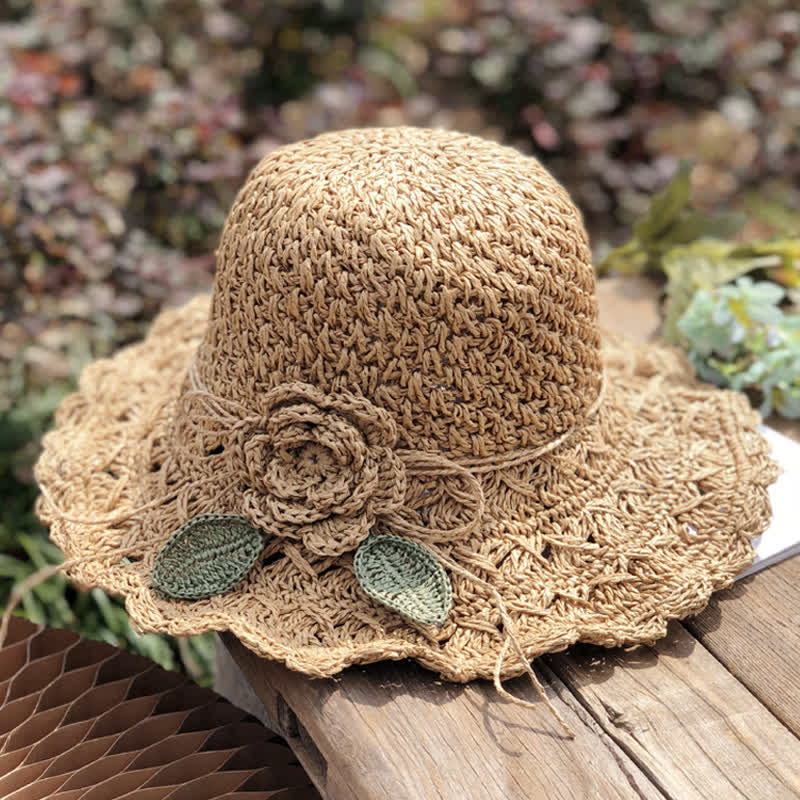 Elegant Flower Detailed Summer Crochet Foldable Straw Hat