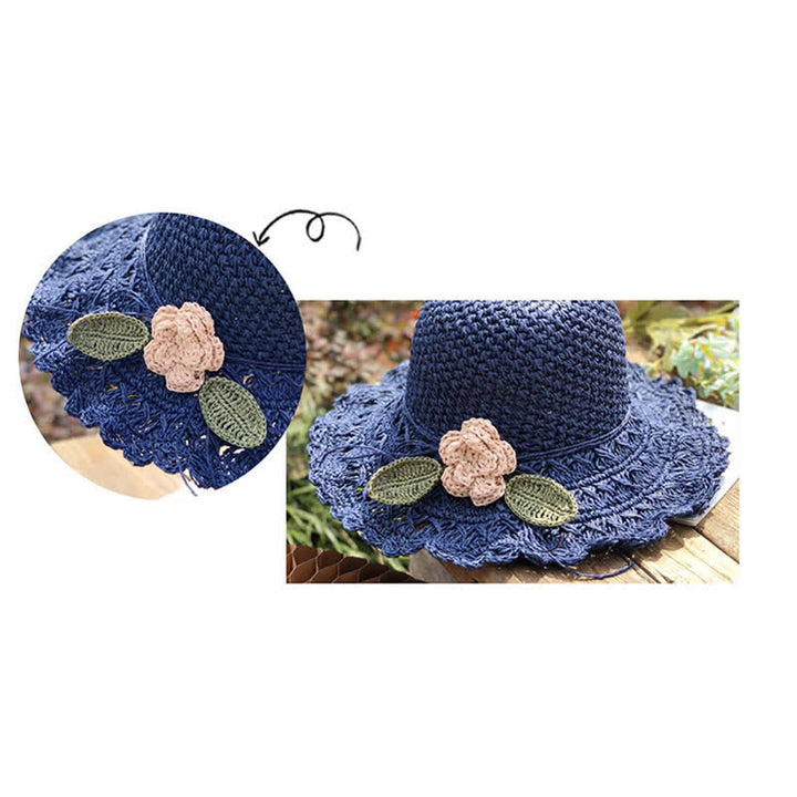 Elegant Flower Detailed Summer Crochet Foldable Straw Hat