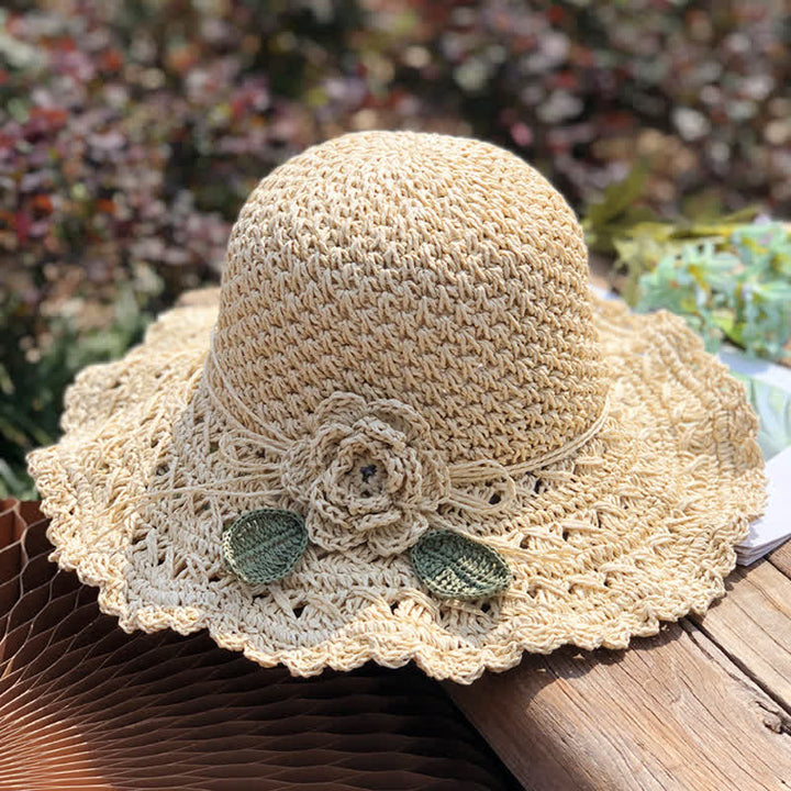 Elegant Flower Detailed Summer Crochet Foldable Straw Hat