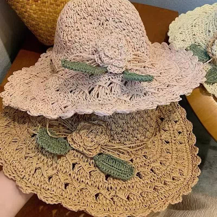 Elegant Flower Detailed Summer Crochet Foldable Straw Hat