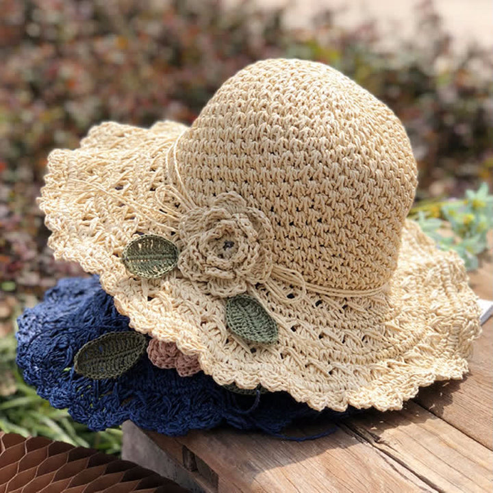 Elegant Flower Detailed Summer Crochet Foldable Straw Hat