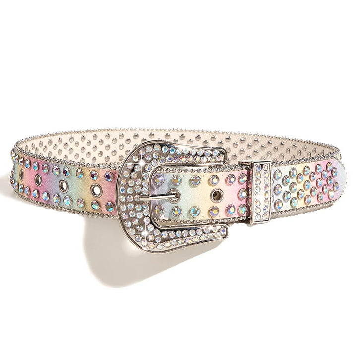 Women's Colorful Rainbow Rhinestone Leather Belt