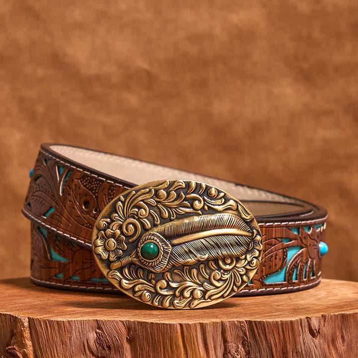 Brass DIY Carved Feather Stone Inlaid Buckle Leather Belt