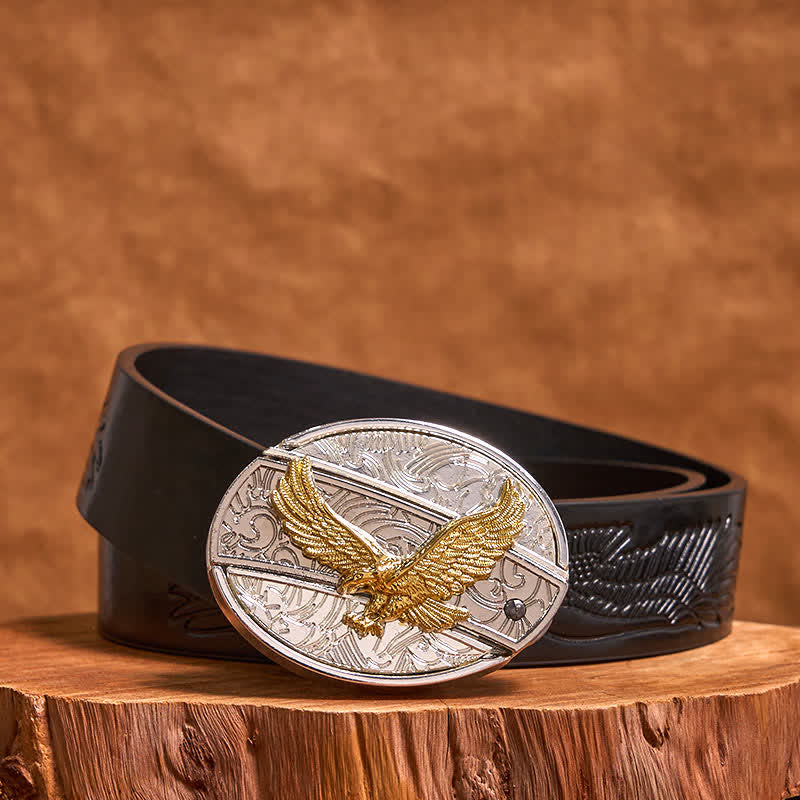 Men's DIY Gold & Silver Eagle Hidden Folding Knife Leather Belt - Eagle - Black Embossed Eagle Belt - 42 - image 4