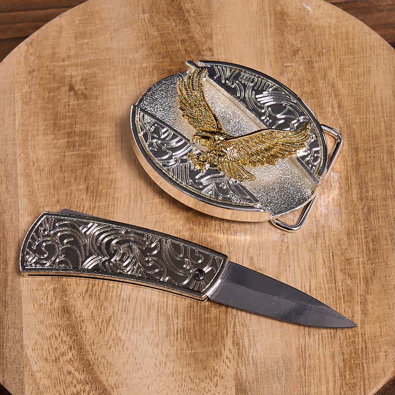 Men's DIY Gold & Silver Eagle Hidden Folding Knife Leather Belt - image 3