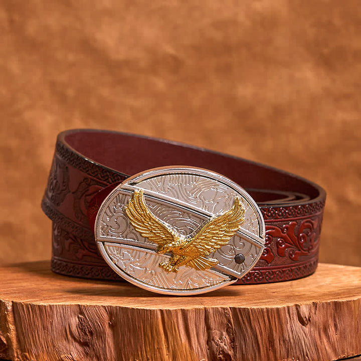 Men's DIY Gold & Silver Eagle Hidden Folding Knife Leather Belt - Eagle - Brown Carved Belt - 42 - image 8