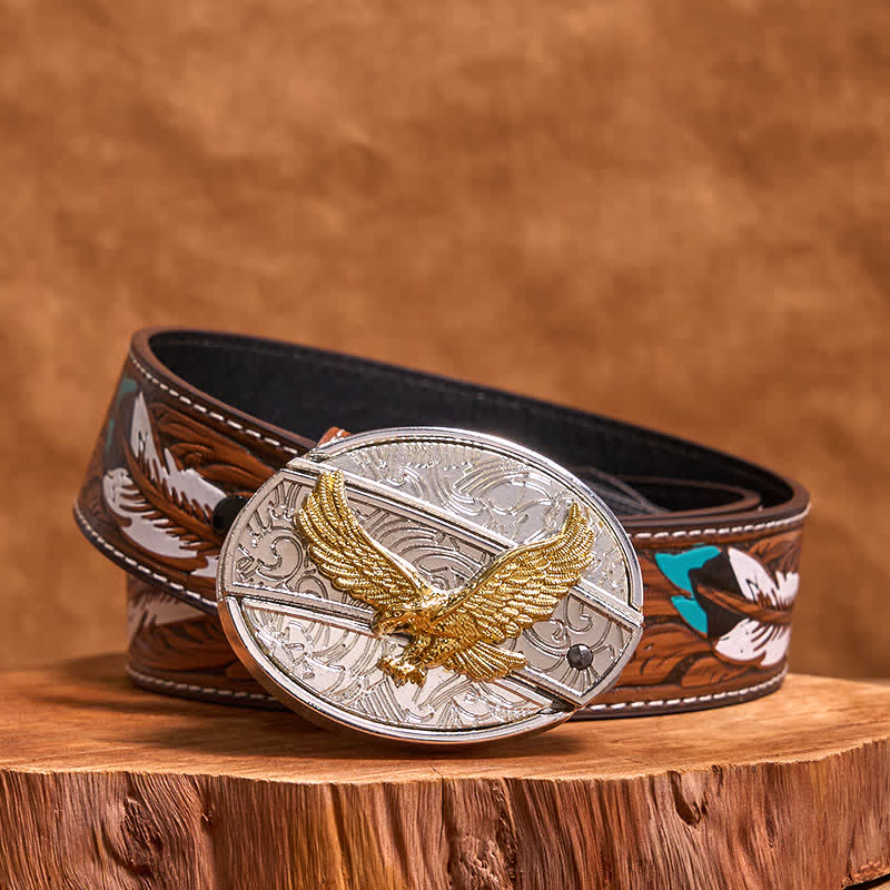 Men's DIY Gold & Silver Eagle Hidden Folding Knife Leather Belt - Eagle - Brown Feather Belt - 40 - image 9