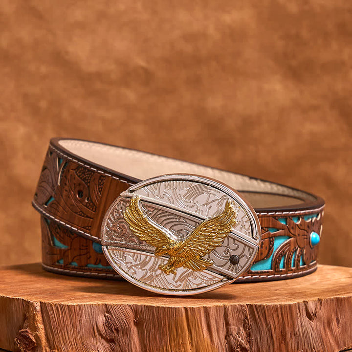 Men's DIY Gold & Silver Eagle Hidden Folding Knife Leather Belt - Eagle - Turquoise Carved Belt - 42 - image 5
