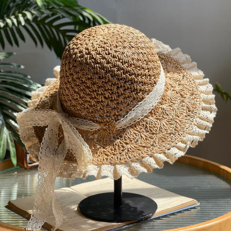 Women's Hollow Bow Lace Brim Summer Foldable Straw Hat