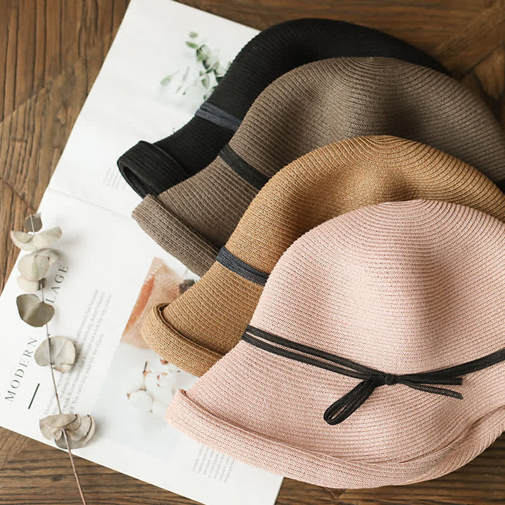 Women's Simple Style Roll Brim Foldable Straw Hat