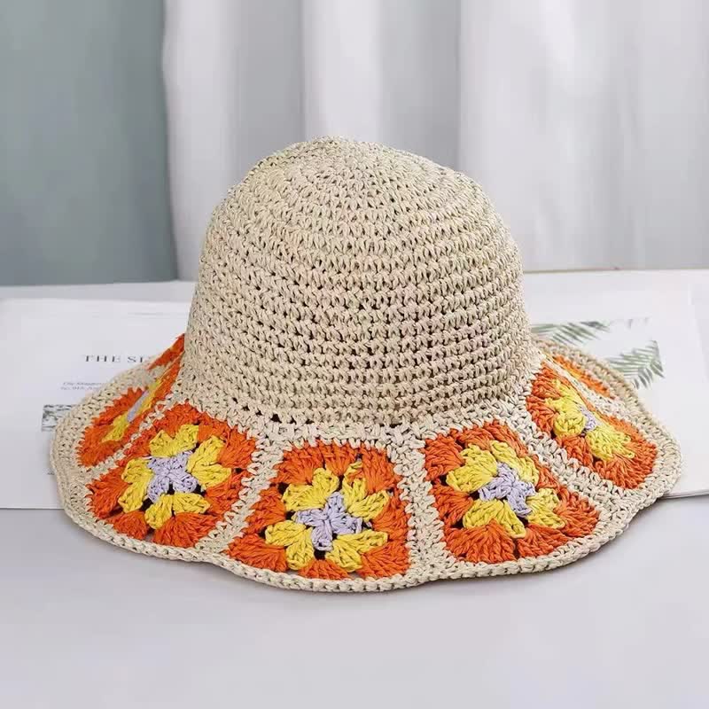 Women's Woven Floral Crochet Bucket Foldable Straw Hat