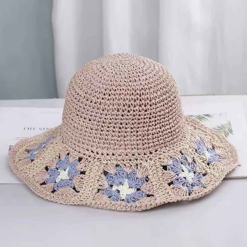 Women's Woven Floral Crochet Bucket Foldable Straw Hat