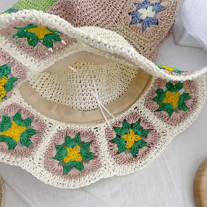 Women's Woven Floral Crochet Bucket Foldable Straw Hat