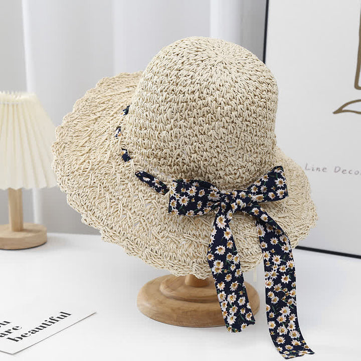 Women's Little Floral Ribbon Decor Foldable Straw Hat