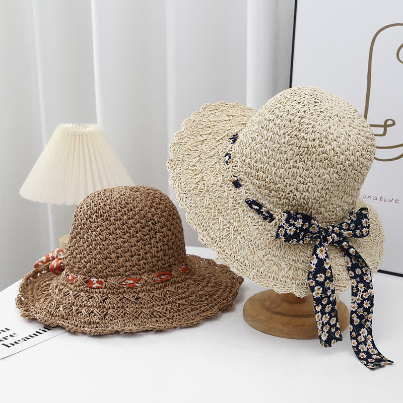 Women's Little Floral Ribbon Decor Foldable Straw Hat