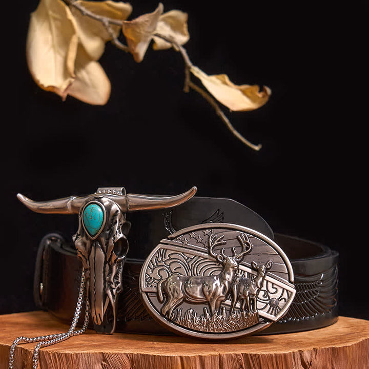 Practical DIY Hidden Knife Buckle Turquoise Longhorn Bull Pendant Bundle Set - Dual Deers - Black Embossed Eagle Belt - 40 - image 10