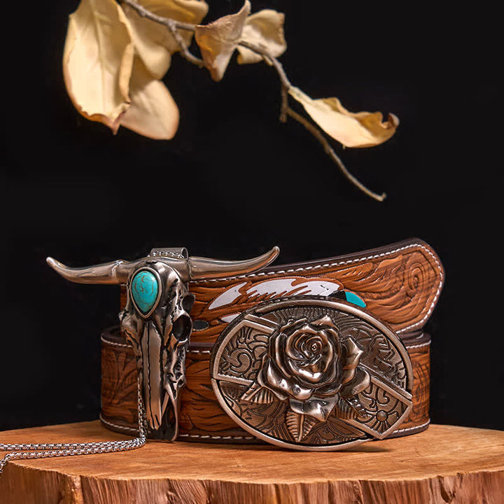 Practical DIY Hidden Knife Buckle Turquoise Longhorn Bull Pendant Bundle Set - Rose - Brown Feather Belt - 40 - image 22
