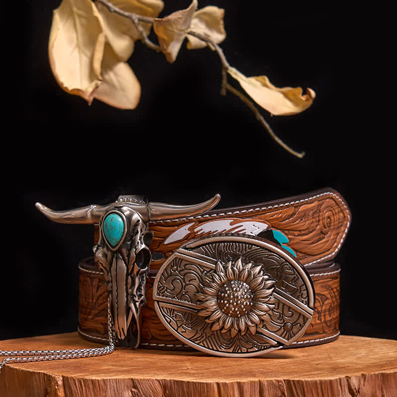 Practical DIY Hidden Knife Buckle Turquoise Longhorn Bull Pendant Bundle Set - Sunflower - Brown Feather Belt - 40 - image 8