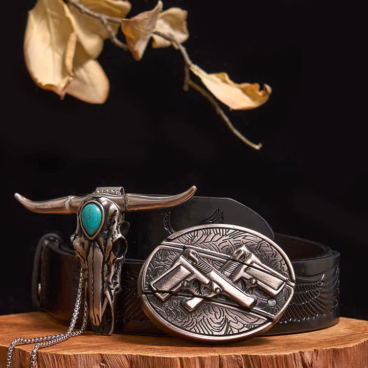 Practical DIY Hidden Knife Buckle Turquoise Longhorn Bull Pendant Bundle Set - Dual Pistols - Black Embossed Eagle Belt - 40 - image 31