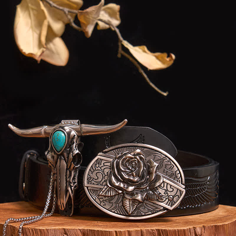 Practical DIY Hidden Knife Buckle Turquoise Longhorn Bull Pendant Bundle Set - Rose - Black Embossed Eagle Belt - 40 - image 17