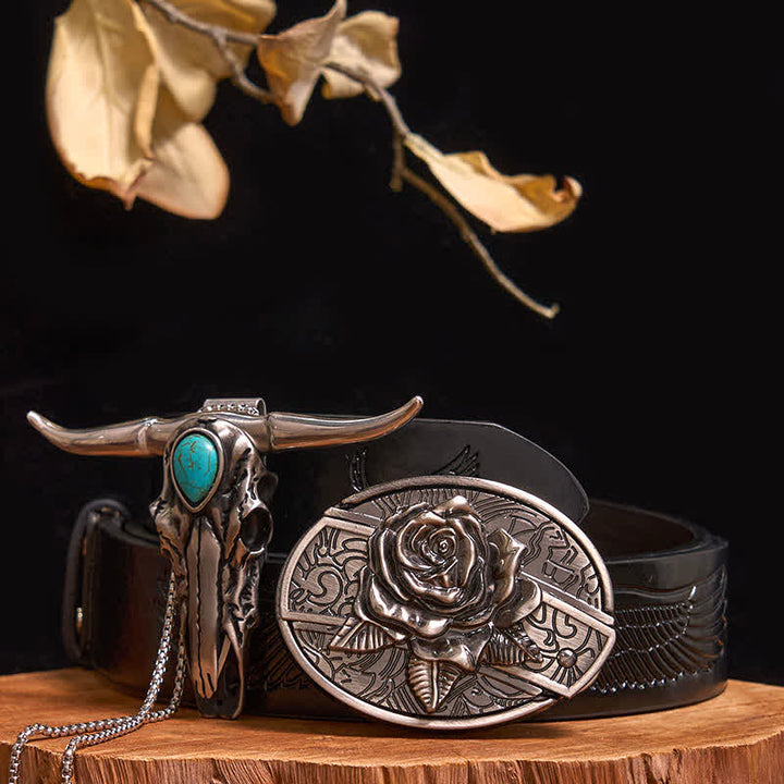 Practical DIY Hidden Knife Buckle Turquoise Longhorn Bull Pendant Bundle Set - Rose - Black Embossed Eagle Belt - 40 - image 17
