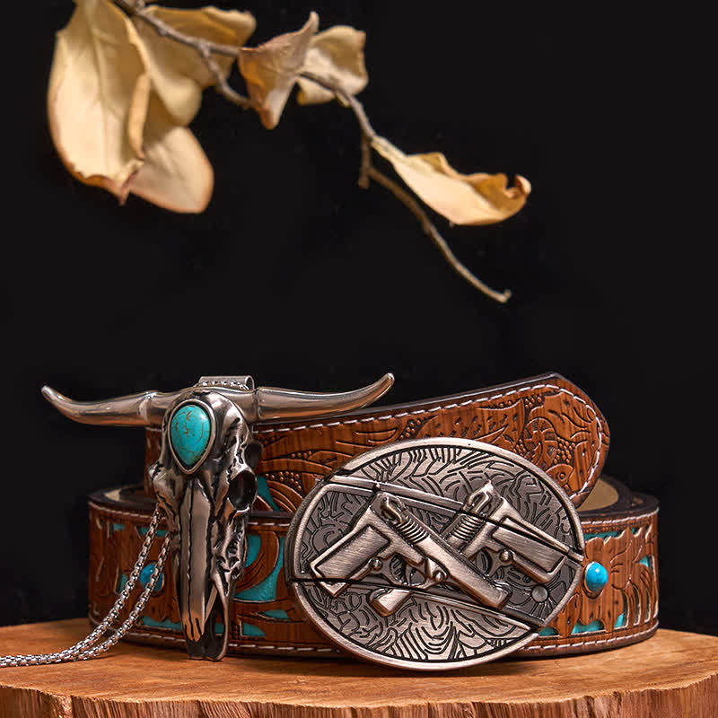 Practical DIY Hidden Knife Buckle Turquoise Longhorn Bull Pendant Bundle Set - Dual Pistols - Brown Rivet Belt - 40 - image 33