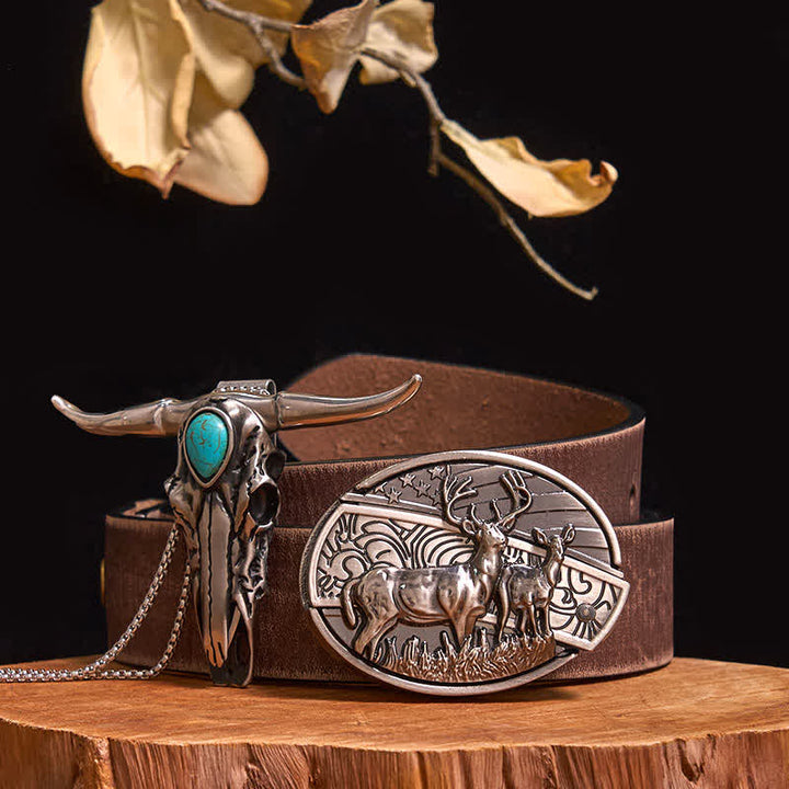 Practical DIY Hidden Knife Buckle Turquoise Longhorn Bull Pendant Bundle Set - Dual Deers - Brown Distressed Belt - 40 - image 13