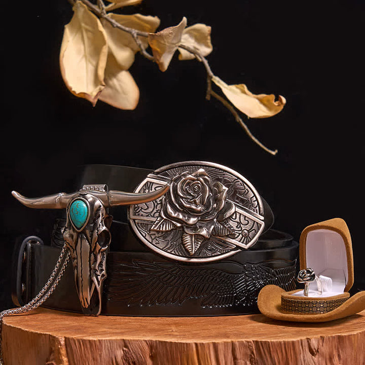 Rose Theme DIY Hidden Knife Belt Buckle Turquoise Bull Pendant Bundle Set (PRE-SALE) - Rose - Black Embossed Eagle Belt - 42 - image 0