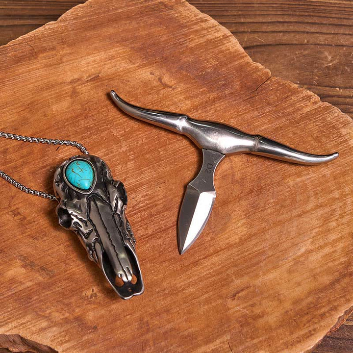 DIY Hidden Knife Belt Buckle Turquoise Bull Pendant Cross Necklace Bundle Set - image 4