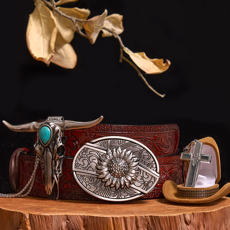 DIY Hidden Knife Belt Buckle Turquoise Bull Pendant Cross Necklace Bundle Set - Sunflower - Brown Carved Belt - 42 - image 10