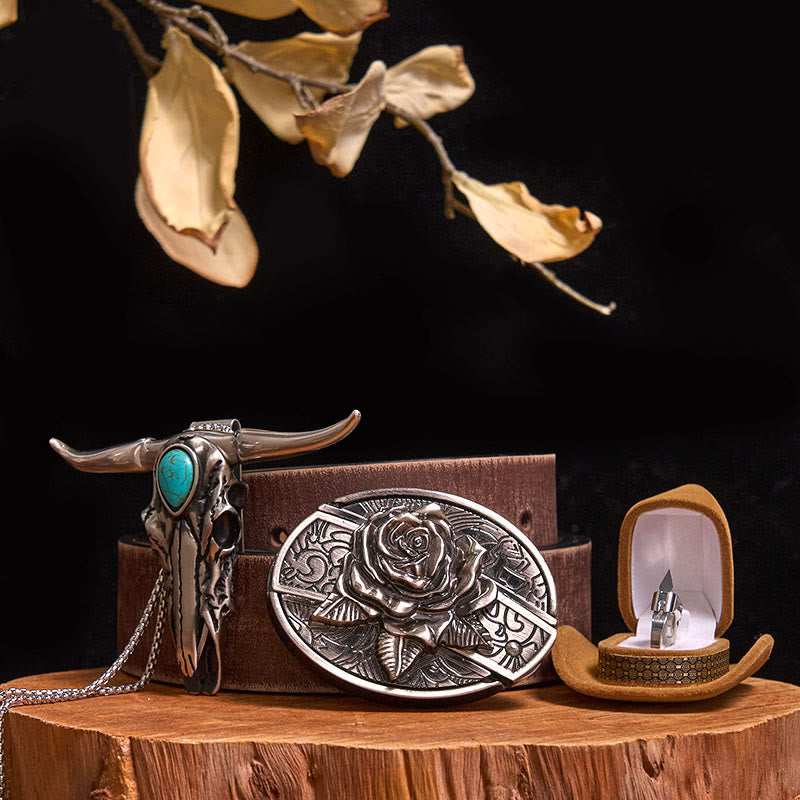 DIY Hidden Knife Belt Buckle Turquoise Bull Pendant Knife Ring Bundle Set - Rose - Brown Distressed Belt - 40 - image 22