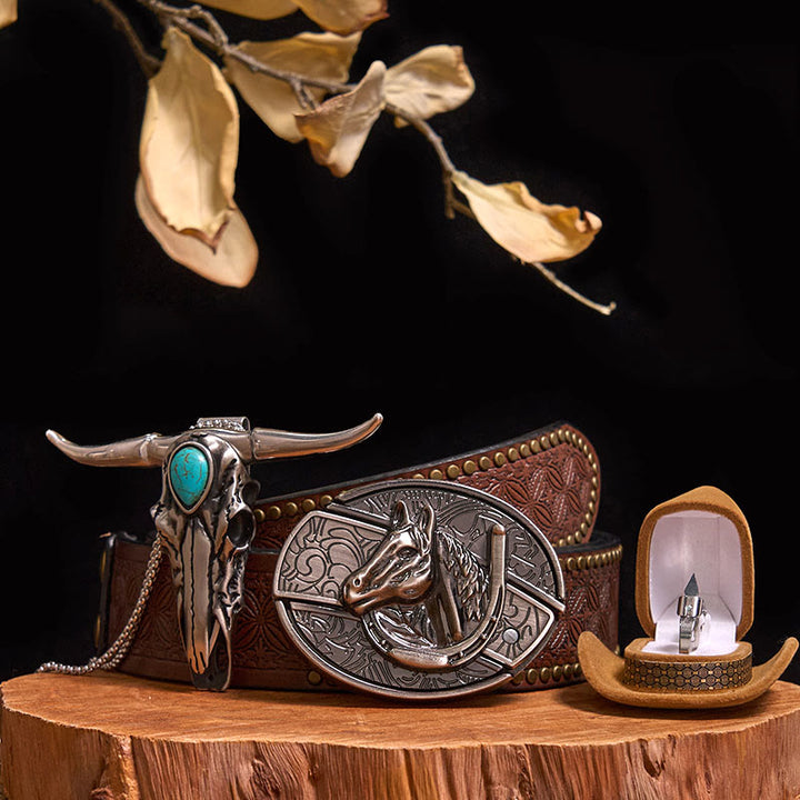 DIY Hidden Knife Belt Buckle Turquoise Bull Pendant Knife Ring Bundle Set - Horse Head - Brown Rivet Belt - 40 - image 14