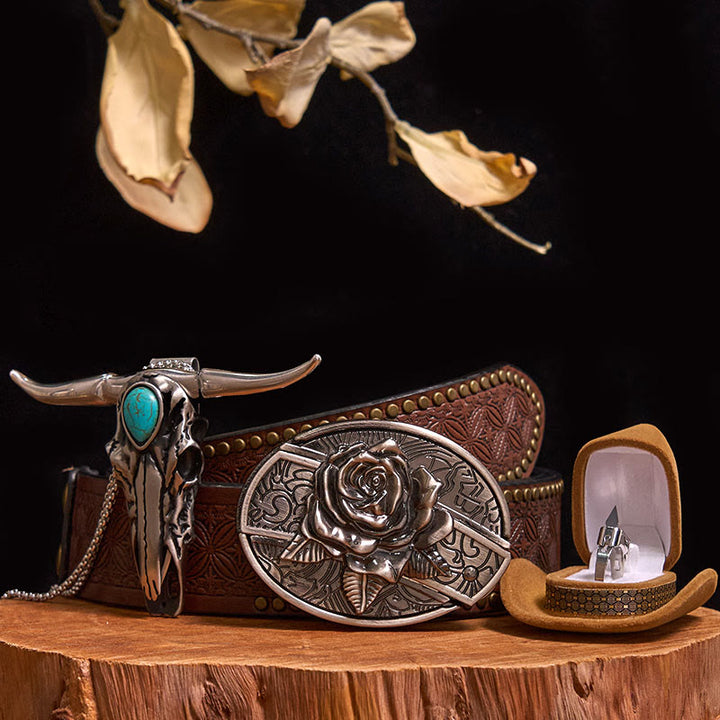 DIY Hidden Knife Belt Buckle Turquoise Bull Pendant Knife Ring Bundle Set (PRE-SALE) - Rose - Brown Rivet Belt - 40 - image 21