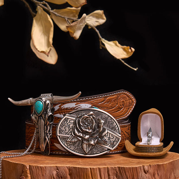 DIY Hidden Knife Belt Buckle Turquoise Bull Pendant Knife Ring Bundle Set (PRE-SALE) - Rose - Brown Feather Belt - 40 - image 24