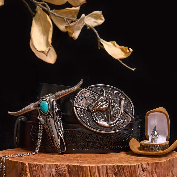 DIY Hidden Knife Belt Buckle Turquoise Bull Pendant Knife Ring Bundle Set - Horse Head - Black Embossed Eagle Belt - 40 - image 12