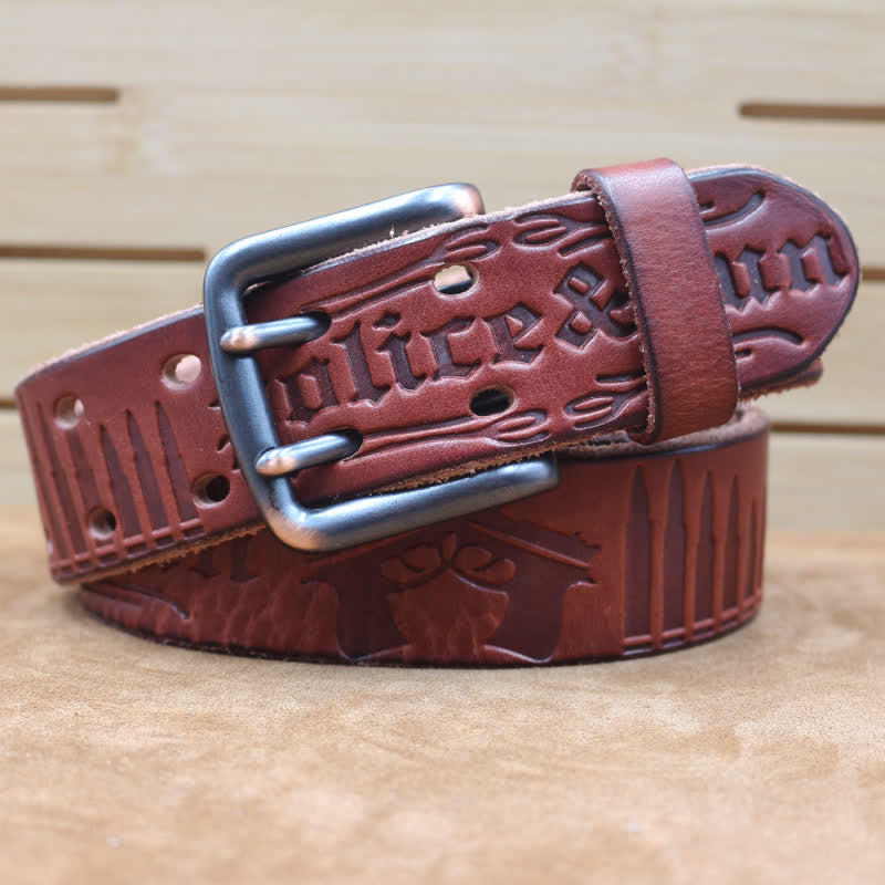 English Letter Gun Bullet Embossment Leather Belt