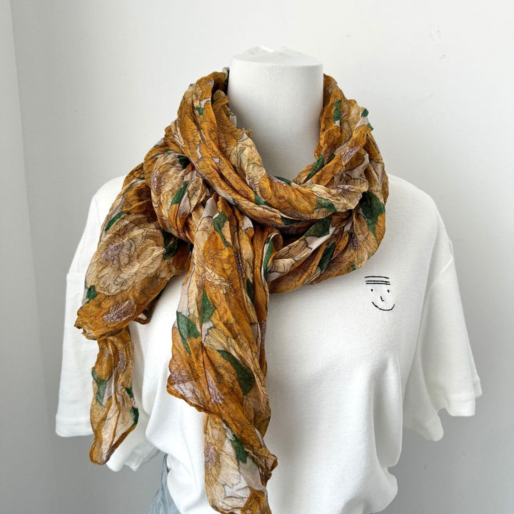 Vintage Pleated Printed Cotton And Linen Thin Scarf