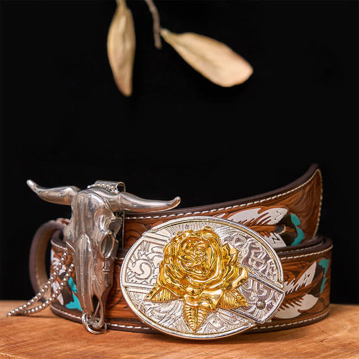 Gold & Silver DIY Hidden Knife Belt Buckle Longhorn Bull Pendant Bundle Set - Rose - Brown Feather Belt - 40 - image 25