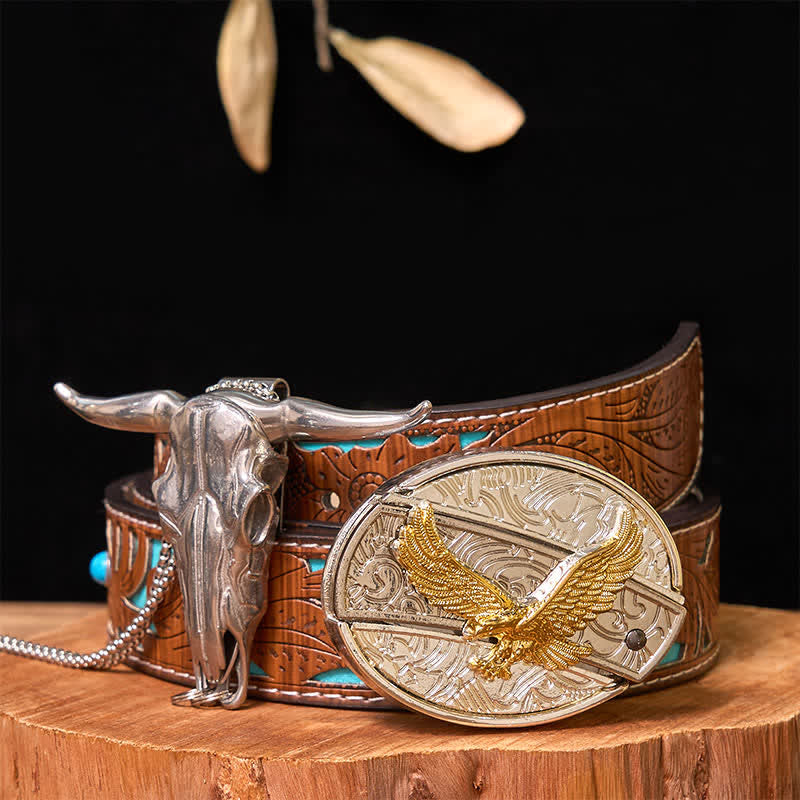 Gold & Silver DIY Hidden Knife Belt Buckle Longhorn Bull Pendant Bundle Set - Eagle - Turquoise Carved Belt - 42 - image 30