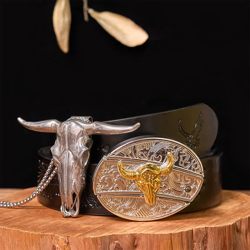 Gold & Silver DIY Hidden Knife Belt Buckle Longhorn Bull Pendant Bundle Set - Bull - Black Embossed Eagle Belt - 42 - image 5