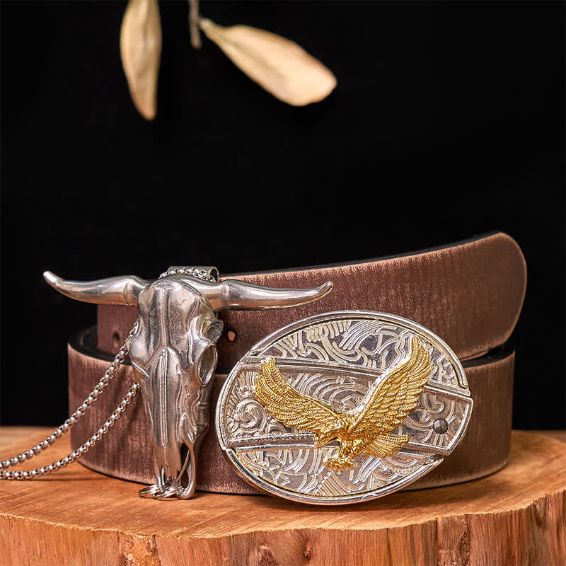 Gold & Silver DIY Hidden Knife Belt Buckle Longhorn Bull Pendant Bundle Set - Eagle - Brown Distressed Belt - 42 - image 32