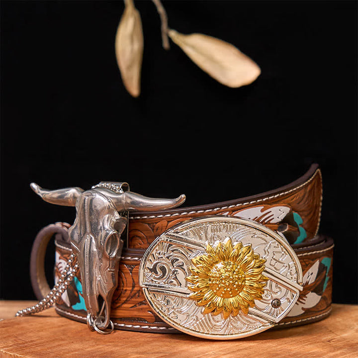 Gold & Silver DIY Hidden Knife Belt Buckle Longhorn Bull Pendant Bundle Set - Sunflower - Brown Feather Belt - 40 - image 16