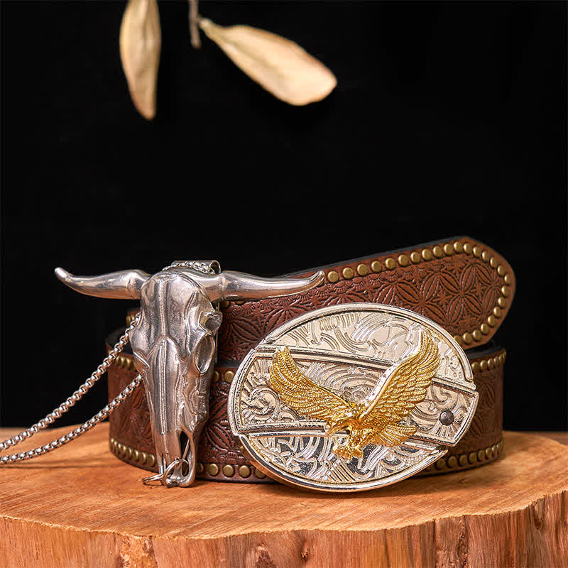 Gold & Silver DIY Hidden Knife Belt Buckle Longhorn Bull Pendant Bundle Set - Eagle - Brown Rivet Belt - 42 - image 31