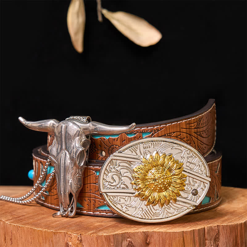 Gold & Silver DIY Hidden Knife Belt Buckle Longhorn Bull Pendant Bundle Set - Sunflower - Turquoise Carved Belt - 42 - image 12