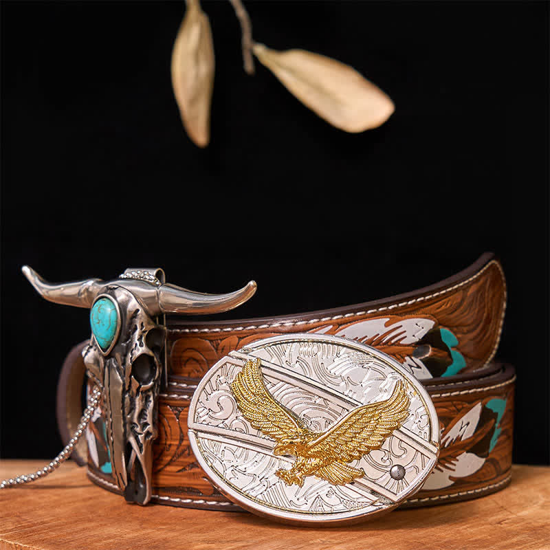 Gold & Silver DIY Hidden Knife Belt Buckle Turquoise Longhorn Pendant Bundle Set (PRE-SALE) - Eagle - Brown Feather Belt - 40 - image 37