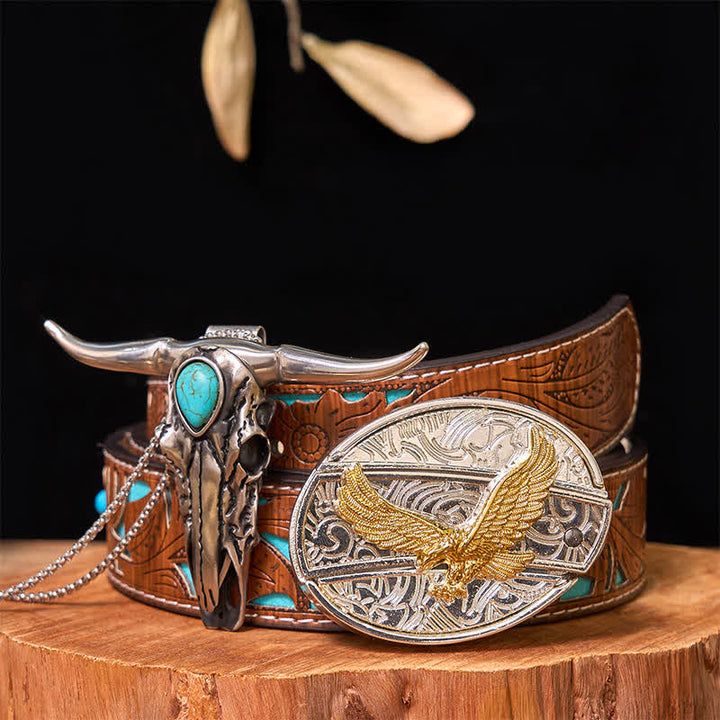 Gold & Silver DIY Hidden Knife Belt Buckle Turquoise Longhorn Pendant Bundle Set (PRE-SALE) - Eagle - Turquoise Carved Belt - 42 - image 33