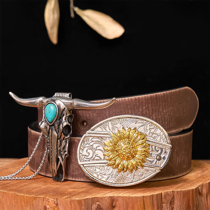 Gold & Silver DIY Hidden Knife Belt Buckle Turquoise Longhorn Pendant Bundle Set (PRE-SALE) - Sunflower - Brown Distressed Belt - 42 - image 17