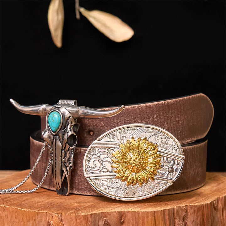 Gold & Silver DIY Hidden Knife Belt Buckle Turquoise Longhorn Pendant Bundle Set (PRE-SALE) - Sunflower - Brown Distressed Belt - 42 - image 17