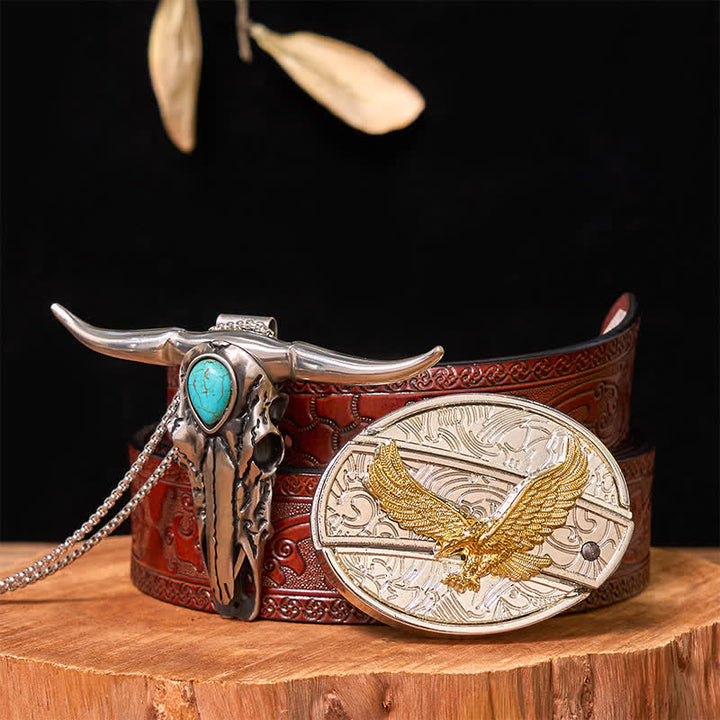 Gold & Silver DIY Hidden Knife Belt Buckle Turquoise Longhorn Pendant Bundle Set (PRE-SALE) - Eagle - Brown Carved Belt - 42 - image 36