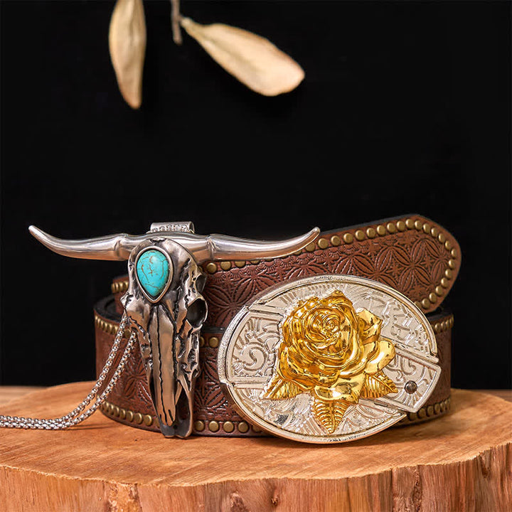 Gold & Silver DIY Hidden Knife Belt Buckle Turquoise Longhorn Pendant Bundle Set (PRE-SALE) - Rose - Brown Rivet Belt - 42 - image 25